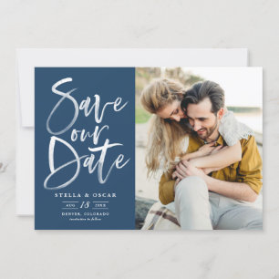 Blue Watercolor Brush Calligraphy Photo Save The Date