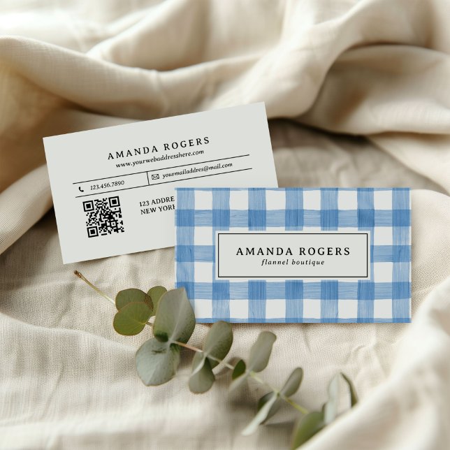 Blue Watercolor Buffalo Plaid QR CODE FLANNEL Business Card (Creator Uploaded)