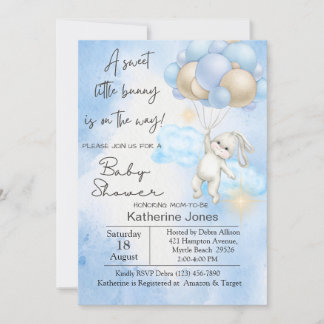 Blue Watercolor Bunny Rabbit Balloons Baby Shower Invitation