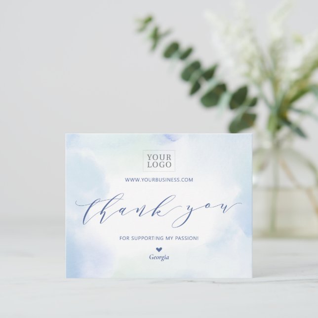 Blue Watercolor Business Logo Package Thank You Card (Standing Front)