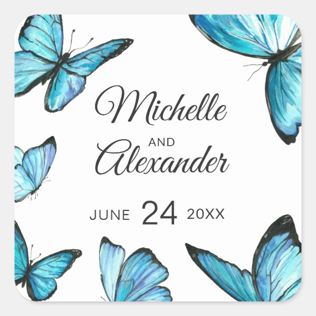Blue watercolor butterfl Monogram Classic Sticker (Front)