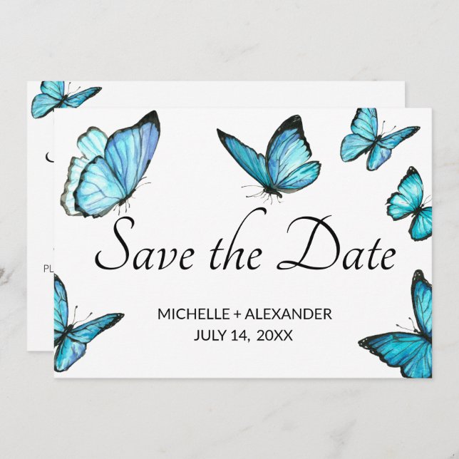 Blue watercolor butterflies save the date card (Front/Back)