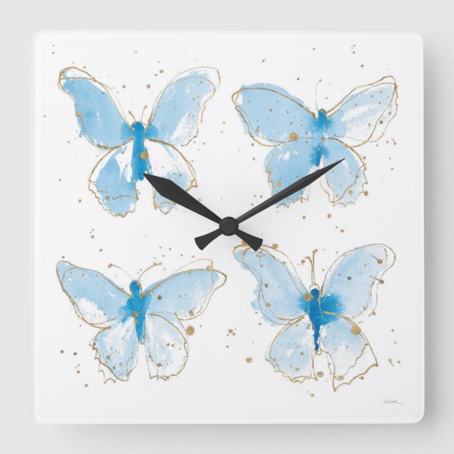 Blue Watercolor Butterflies Square Wall Clock (Front)