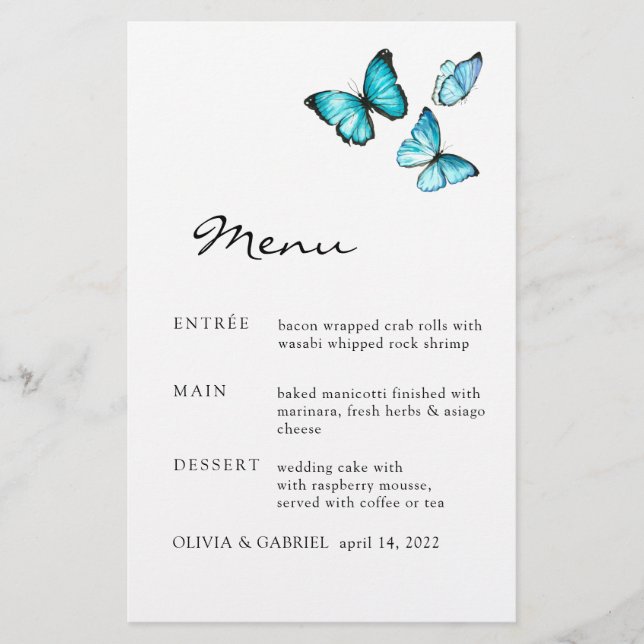 Blue watercolor butterflies. Stylish wedding menu (Front)