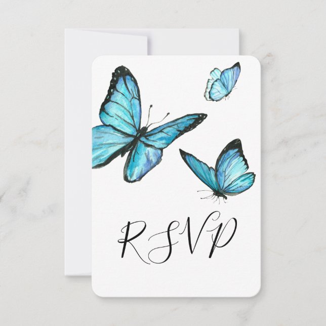 Blue watercolor butterflies Trendy wedding RSVP (Front)
