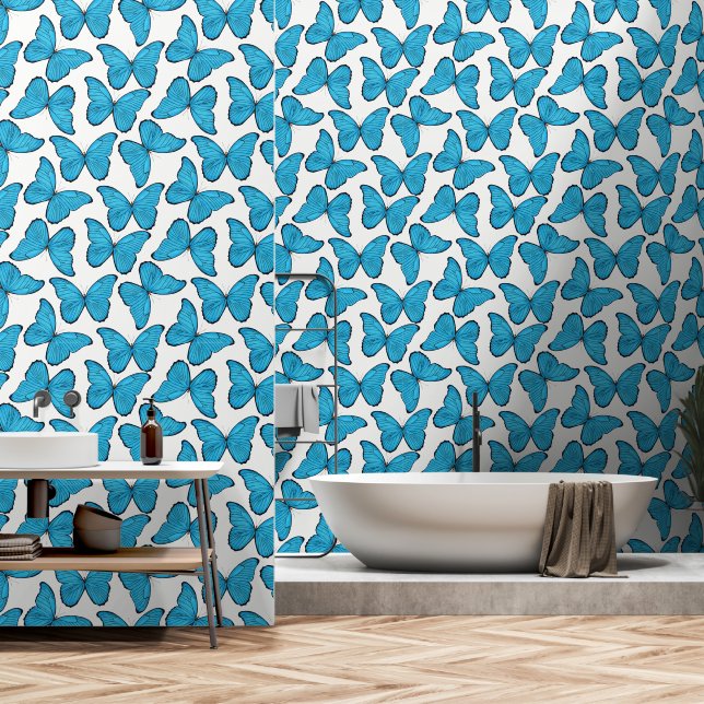 Blue Watercolor Butterflies Wallpaper (Bathroom)