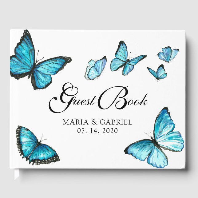 Blue watercolor butterflies Wedding Guest Book (Front)