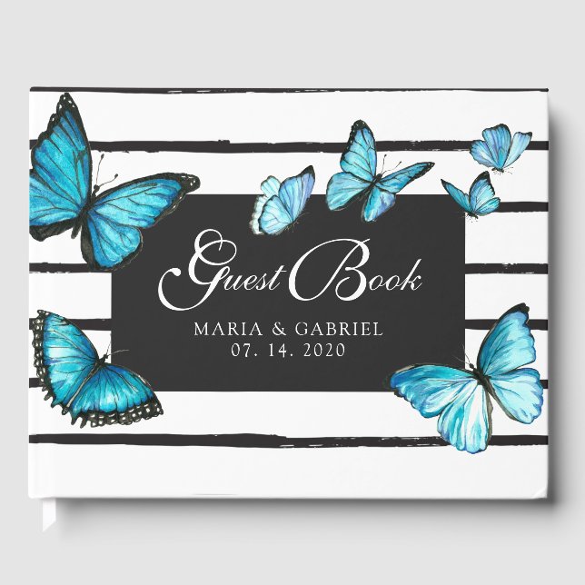 Blue watercolor butterflies Wedding Guest Book (Front)
