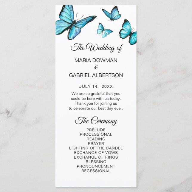 Blue watercolor butterflies Wedding Program Programme (Front)