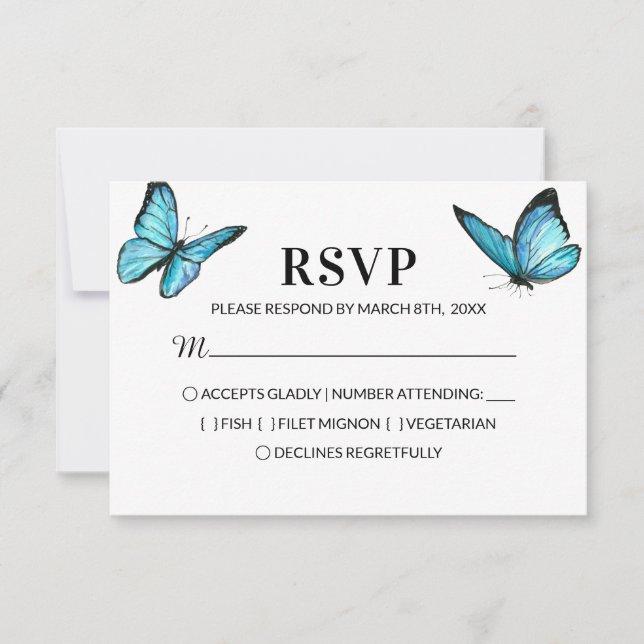 Blue watercolor butterflies wedding RSVP (Front)