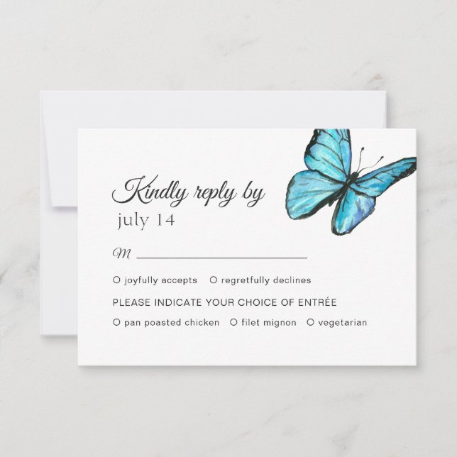 Blue watercolor butterflies wedding RSVP (Front)
