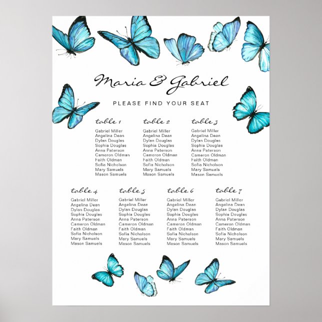 Blue watercolor butterflies Wedding  Seating Chart (Front)