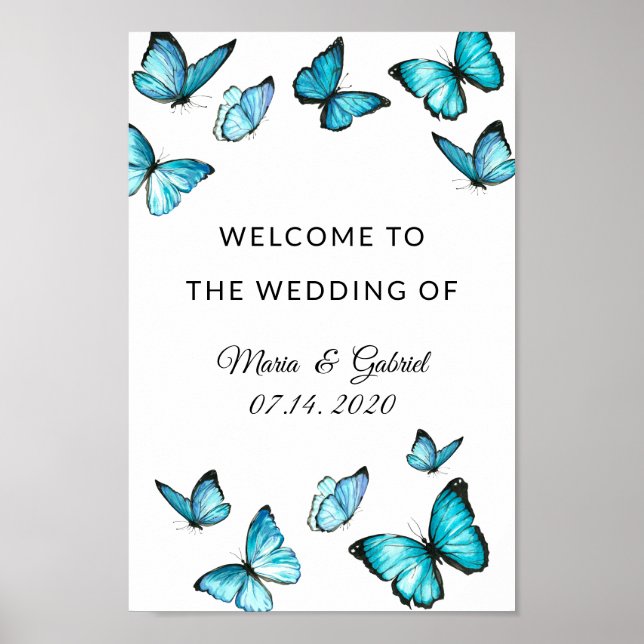 Blue watercolor butterflies Wedding Sign Poster (Front)