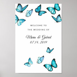 Blue watercolor butterflies Wedding Sign Poster