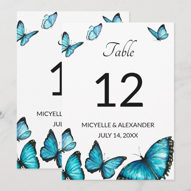 Blue watercolor butterflies Wedding Table Number (Front/Back)