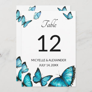 Blue watercolor butterflies Wedding Table Number