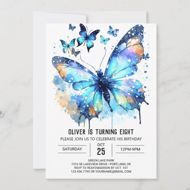Blue Watercolor Butterfly Boy Birthday Invitation (Front)