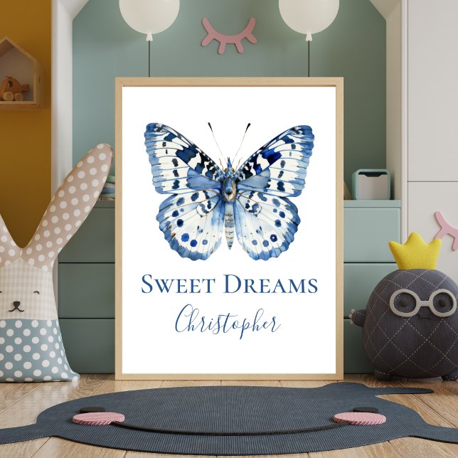 Blue Watercolor Butterfly Nursery Wall Art Poster (Personalized Blue White Butterfly Nursery Wall Art Print Poster. )