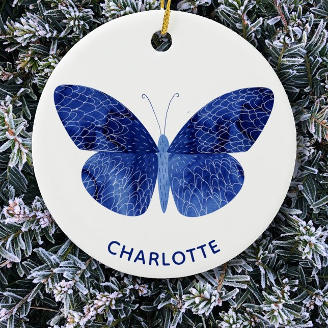 Blue Watercolor Butterfly Personalised Ceramic Tree Decoration (Blue watercolor butterfly personalized name Christmas ornament)