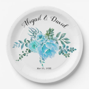 Blue watercolor cactus flowers, succulent wedding paper plate