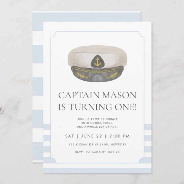 Blue watercolor Captain’s Hat First Birthday Invitation (Front/Back)
