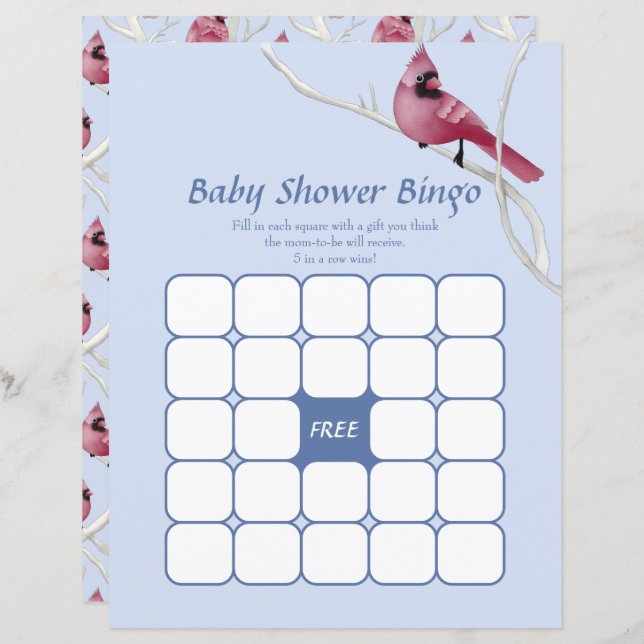 Blue Watercolor Cardinal Baby Shower Bingo Game (Front/Back)