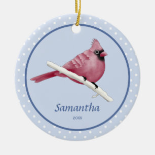 Blue Watercolor Cardinal Bird Personalised Name Ceramic Tree Decoration