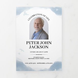 Blue Watercolor Celebration of Life Photo Obituary Tri-Fold Invitation