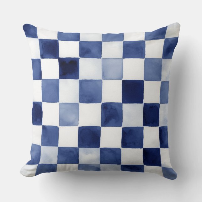 Blue Watercolor Chequered Decorative Throw Pillow  (Front)