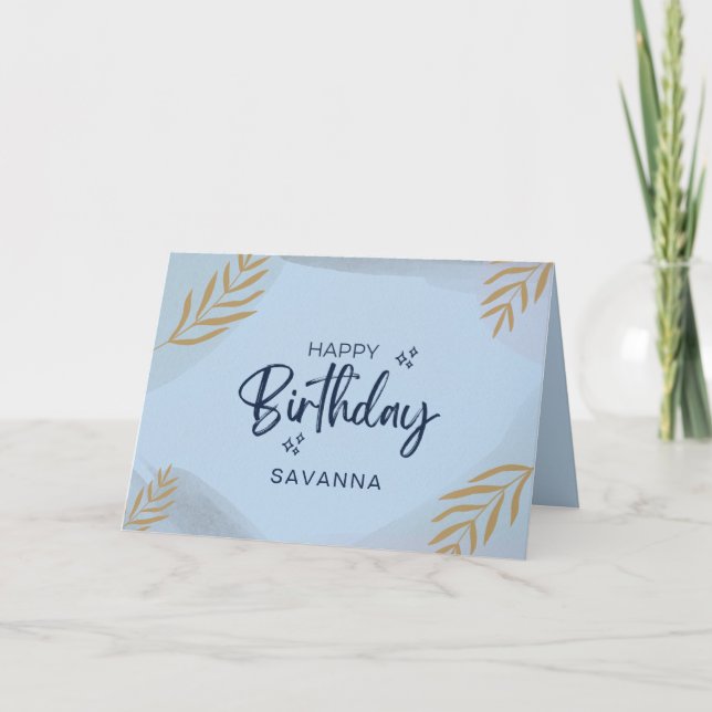 Blue Watercolor Chic Happy Birthday Custom Name Card (Front)