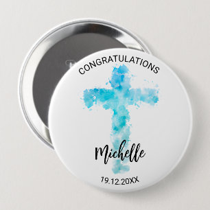 Blue Watercolor Christian Cross Baptism 10 Cm Round Badge