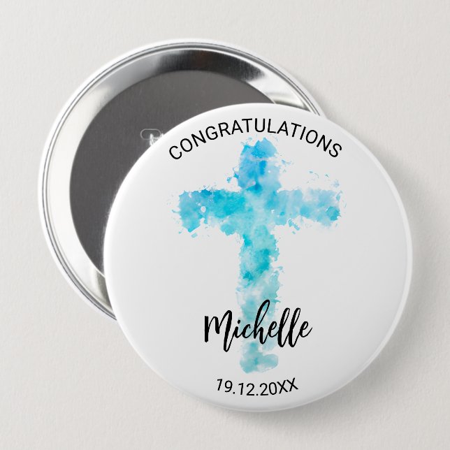 Blue Watercolor Christian Cross Baptism 10 Cm Round Badge (Front & Back)
