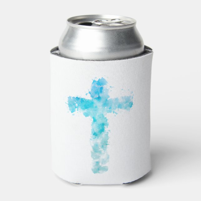 Blue Watercolor Christian Cross Baptism Can Cooler (Can Front)