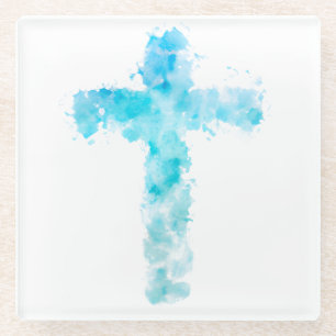 Blue Watercolor Christian Cross Baptism Glass Coaster