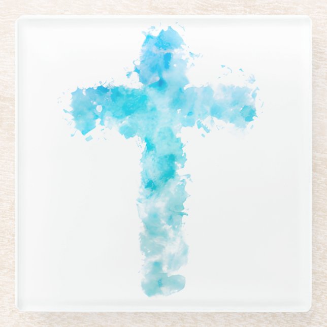 Blue Watercolor Christian Cross Baptism Glass Coaster (Front)