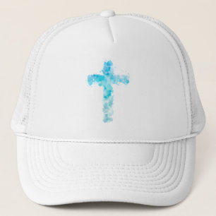 Blue Watercolor Christian Cross Baptism Trucker Hat