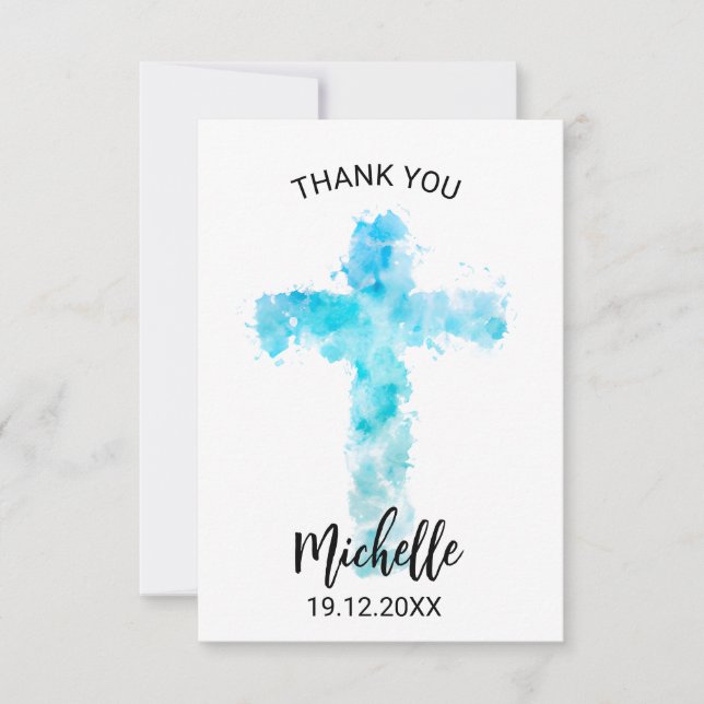 Blue Watercolor Christian Cross Christening Thank You Card (Front)