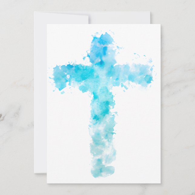 Blue Watercolor Christian Cross Holiday Card (Front)