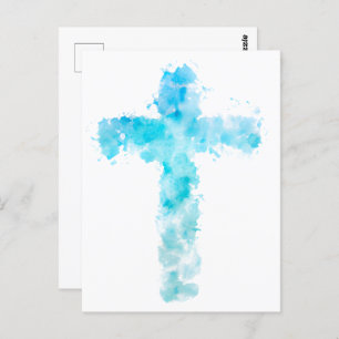 Blue Watercolor Christian Cross Postcard