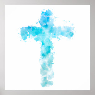 Blue Watercolor Christian Cross Poster