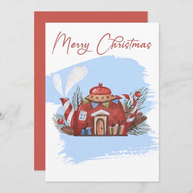 Blue Watercolor Christmas Teapot Holiday Card (Front/Back)