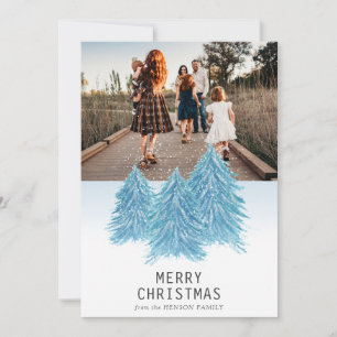 Blue Watercolor Christmas Tree Artistic Photo Holiday Card