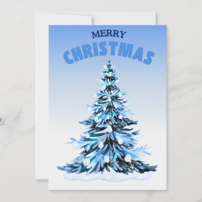 Blue Watercolor Christmas Tree Non-Photo Holiday Card (Front)