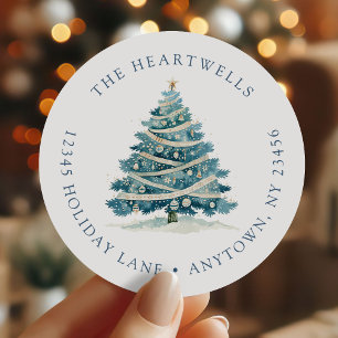 Blue Watercolor Christmas Tree Return Address Classic Round Sticker