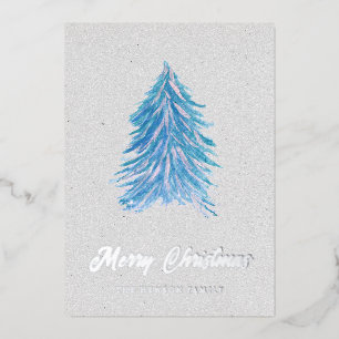 Blue Watercolor Christmas Tree Simple Merry Foil Holiday Card