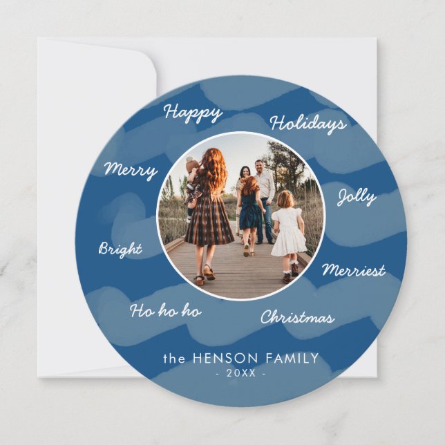 Blue Watercolor Christmas Wishes Family Photo Holiday Card (Front)
