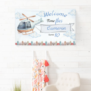 Blue Watercolor City Helicopter Birthday Banner