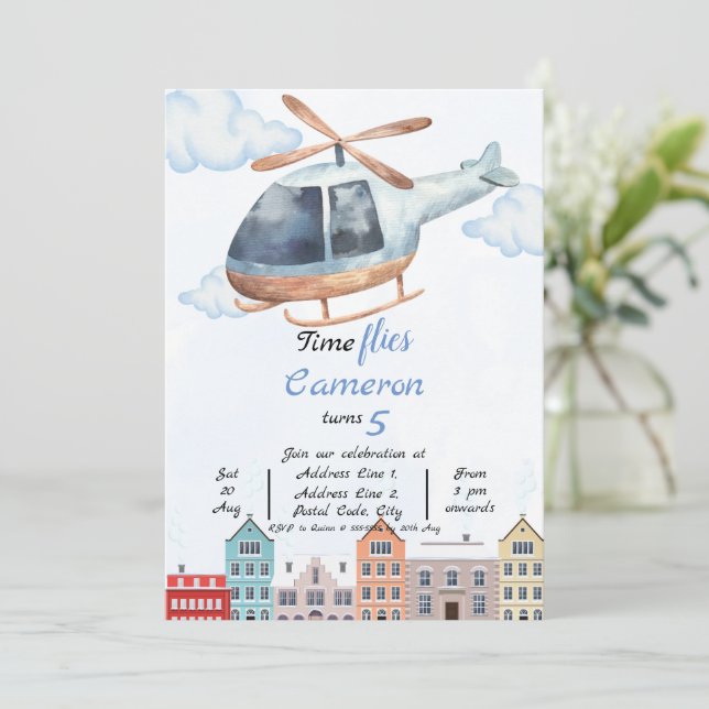 Blue watercolor city helicopter Birthday Invitation (Standing Front)