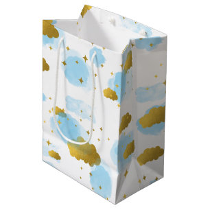 Blue Watercolor Clouds Gold Stars Sky Medium Gift Bag