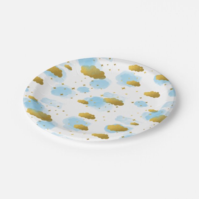 Blue Watercolor Clouds Gold Stars Sky   Paper Plate (Angled)